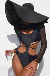 Black Long Sleeve Mesh Patchwork Hollow Out Monokini Areous